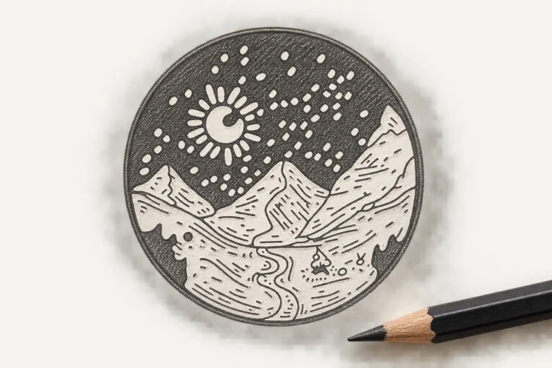 Conceptual pencil-art treatment based on the mountain enamel pin.