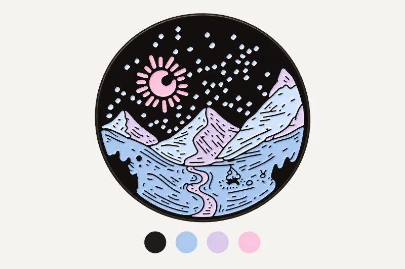 Conceptual color-proof treatment of the same mountain design; not a customer approval document.