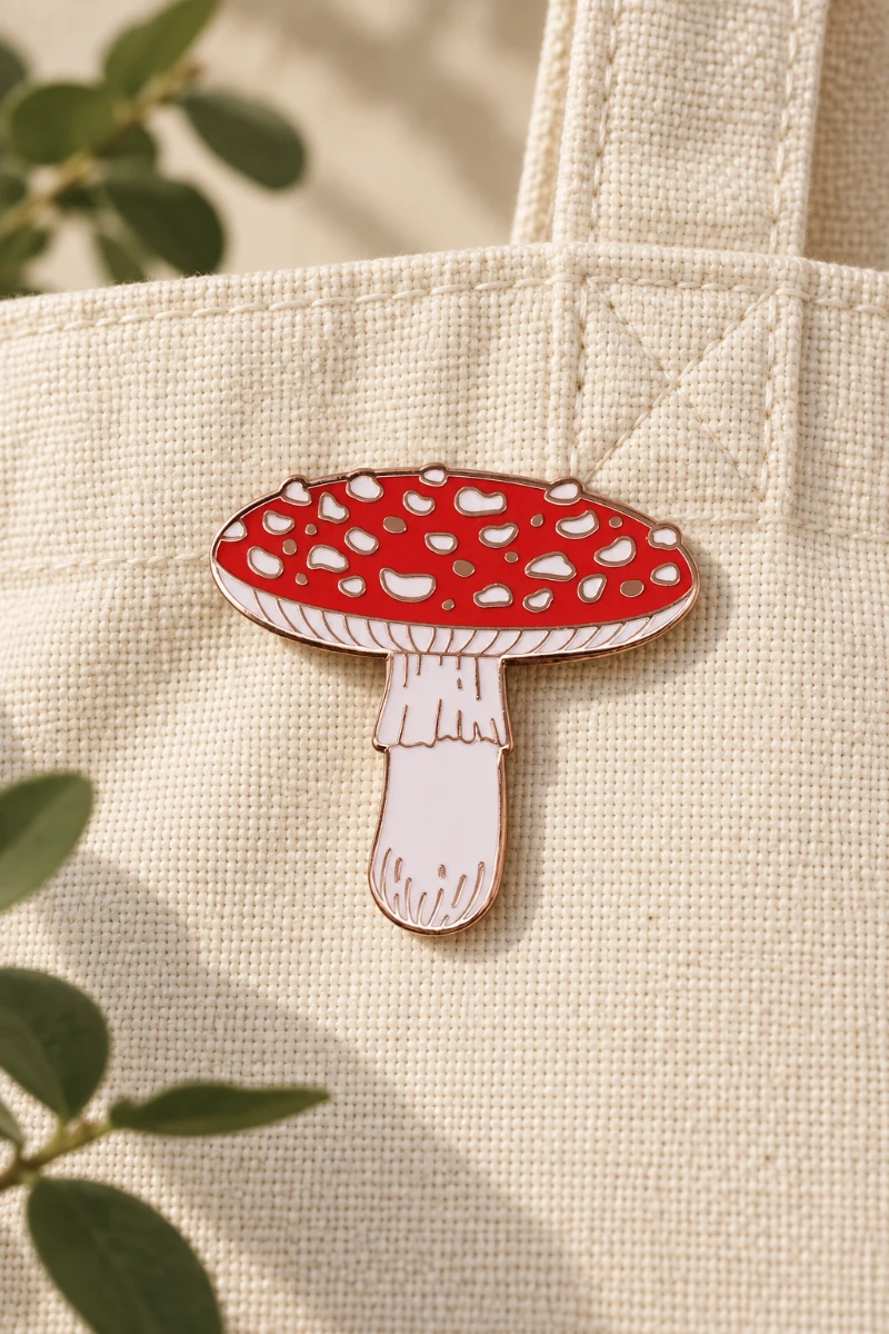 Editorial styling concept of a red mushroom pin on an ivory canvas tote.