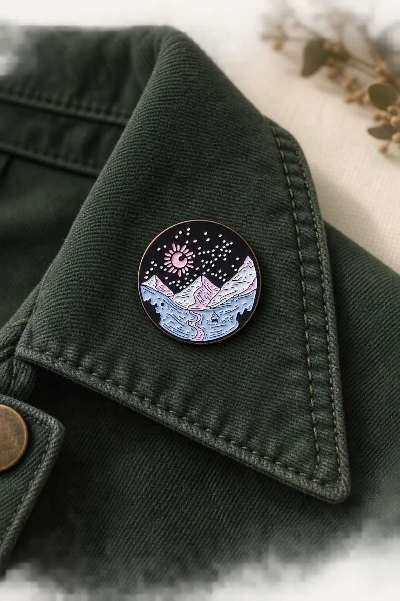 Editorial styling concept of a mountain enamel pin on a forest-green jacket lapel.