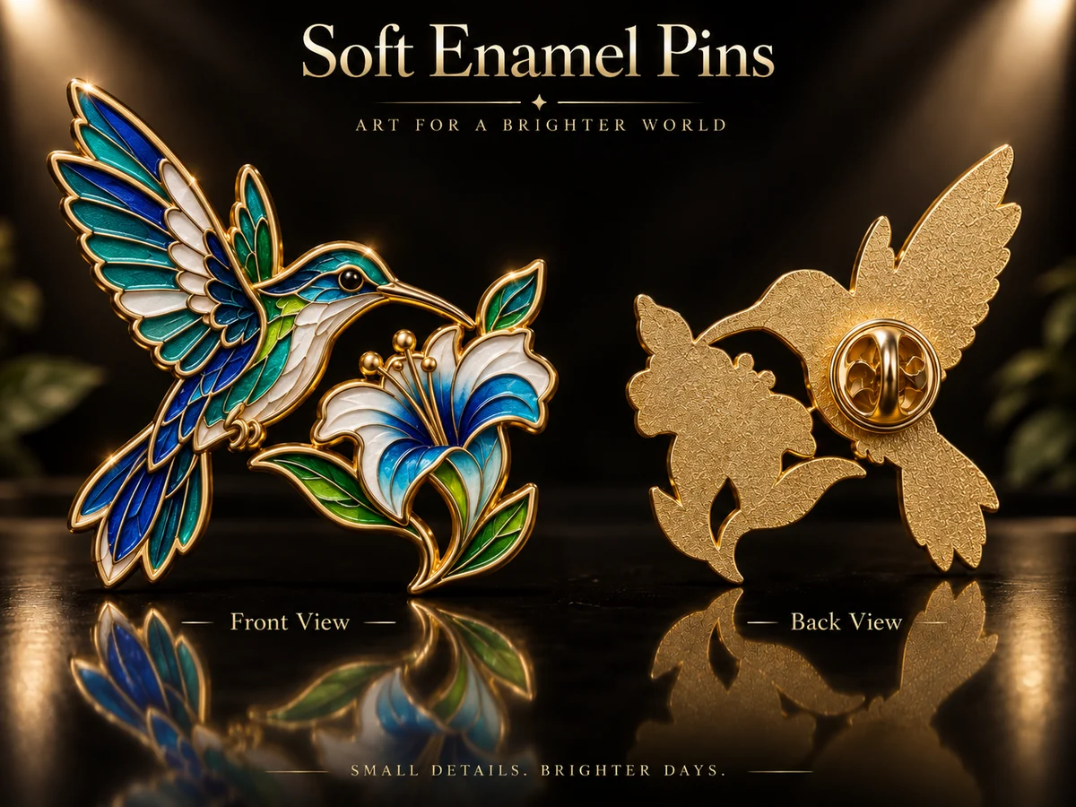 Soft enamel hummingbird pin shown from the front and back