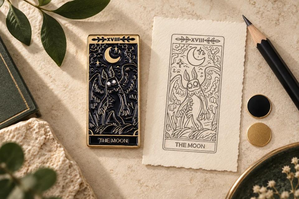 Editorial moon-and-moth pin beside matching conceptual artwork.