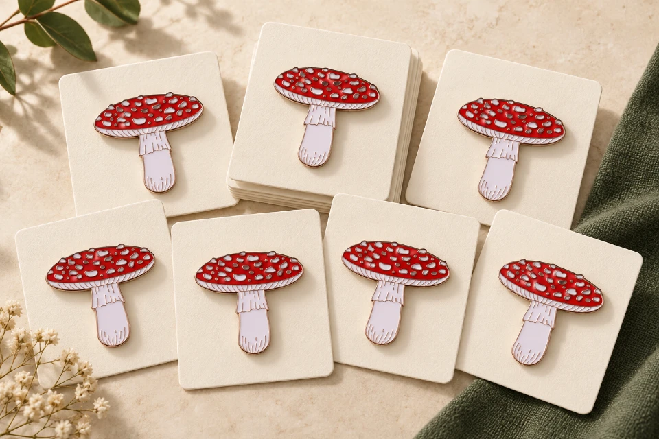 Editorial grouping of red mushroom pins on plain backing cards.