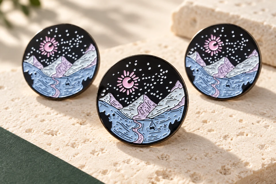 Editorial arrangement of mountain enamel pins showing finished metal and enamel detail.