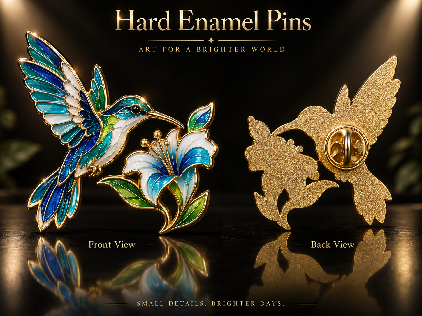 Hard enamel hummingbird pin, front and back