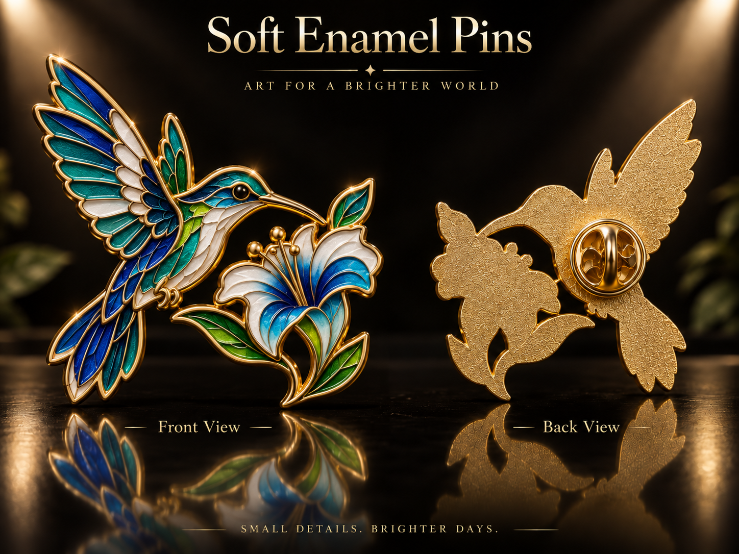 Soft enamel hummingbird pin, front and back